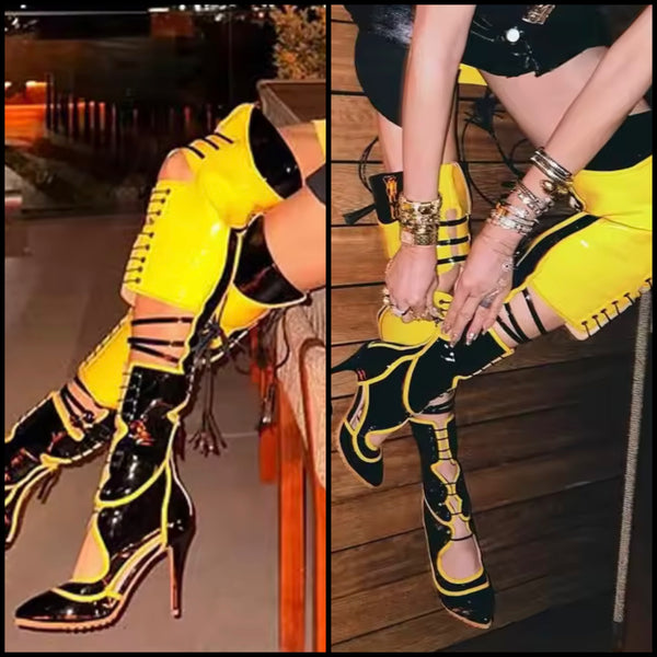 Women Fashion Color Patchwork Lace Up Over The Knee High Heel Boots