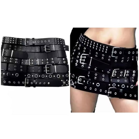 Women Fashion Black Belted Rivet Faux Leather Skirt