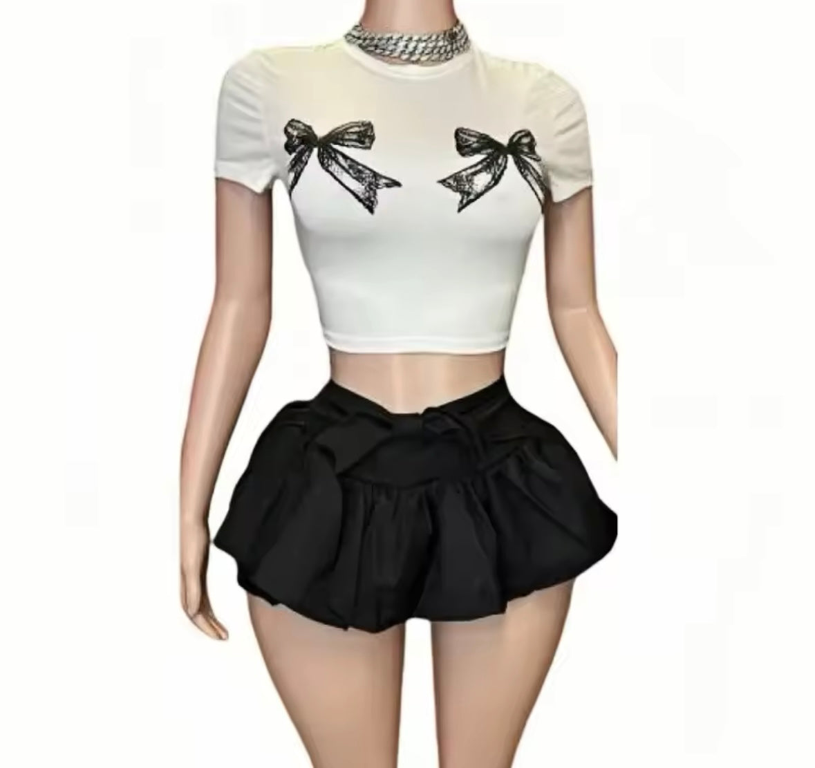 Women Sexy B&W Bow Short Sleeve/Sleeveless Two Piece Skirt Set