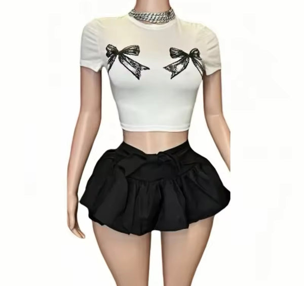 Women Sexy B&W Bow Short Sleeve/Sleeveless Two Piece Skirt Set