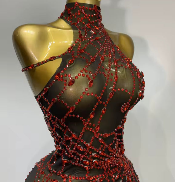 Women Sleeveless Asymmetrical Rhinestone Mesh Dress