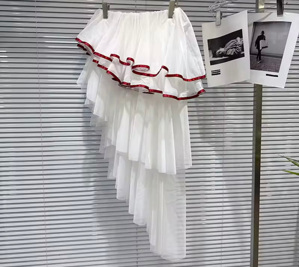 Women Sexy Fashion White Ruffled Asymmetrical Skirt