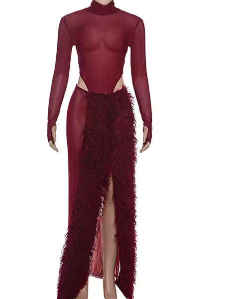 Women Sexy Burgundy Faux Fur Mesh Bodysuit Two Piece Skirt Set