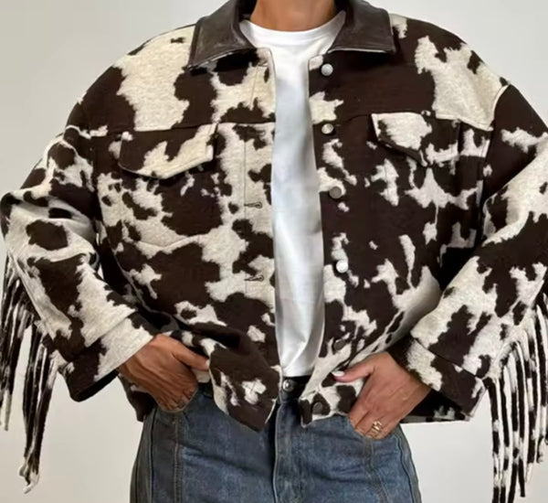 Women Fashion Animal Print Fringe Tassel Jacket