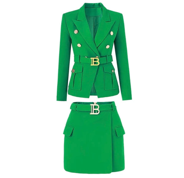 Women Green Letter Belted Blazer Two Piece Skirt Set