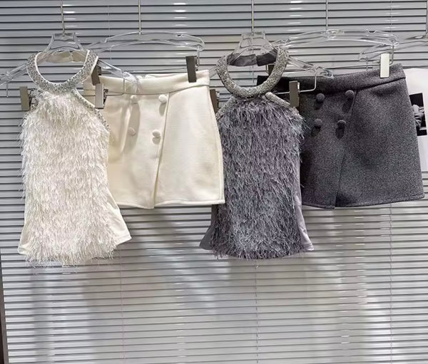 Women Furry Bling Halter Sexy Two Piece Button Wrap Skirt Set