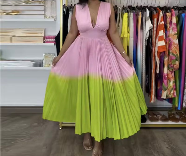 Women Sexy Sleeveless v-Neck Color Patchwork Pleated Dress