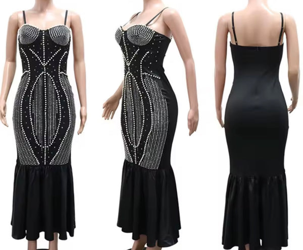 Women Sexy Sleeveless Pearl Rhinestone Mermaid Maxi Dress