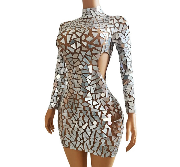 Women Sexy Silver Mirror Full Sleeve Mesh Hollow Out Dress