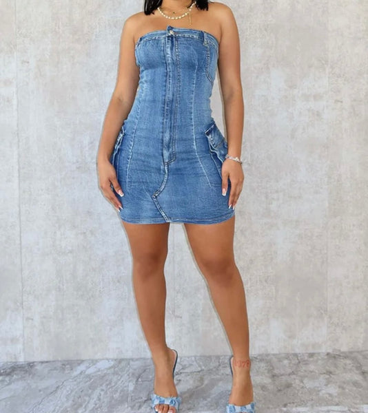 Women Sexy Strapless Cargo Denim Tube Dress