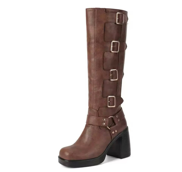 Women Color Fashion Square Toe Buckled Knee High Boots
