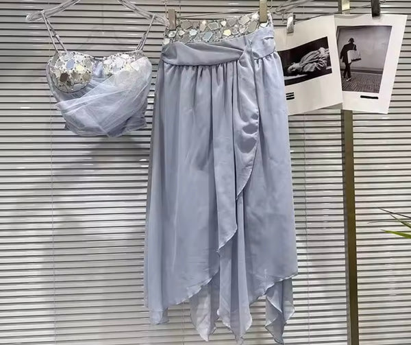 Women Sexy Sleeveless Sequins Patchwork Two Piece Maxi Skirt Set