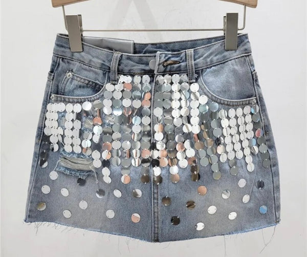 Women Fashion Silver Sequins Patchwork Denim Skirt