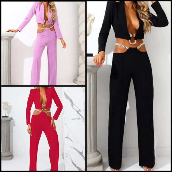 Women Sexy Metal Chain Crop Blazer Two Piece Pant Set