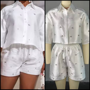 Women White Button Up Short Sleeve Bling Two Piece Short Set