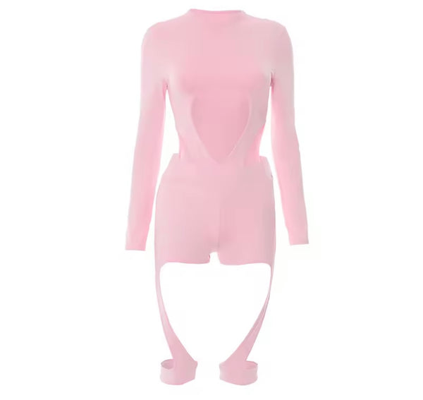 Women Sexy Cut Out Full Sleeve Bodysuit Two Piece Short Set
