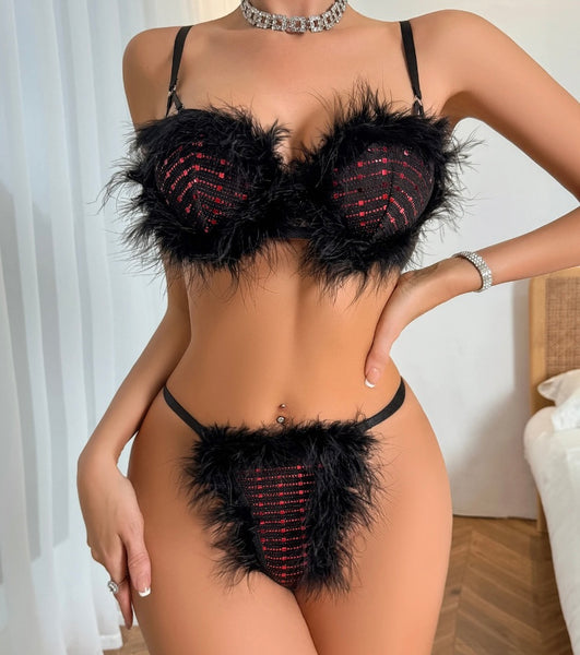 Women Sexy Color Patchwork Faux Fur Lingerie Set
