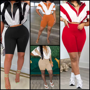 Women Fashion Color Patchwork Zip Up Short Sleeve Two Piece Short Set