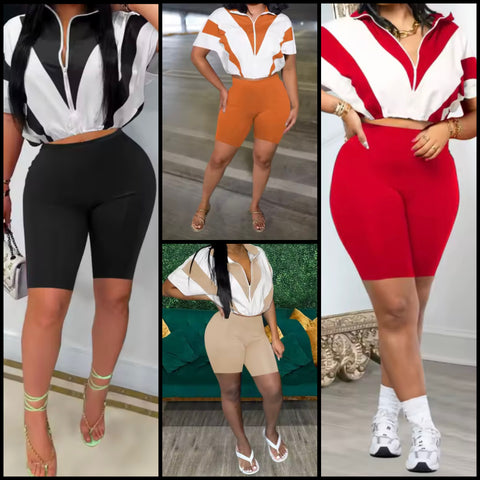 Women Fashion Color Patchwork Zip Up Short Sleeve Two Piece Short Set