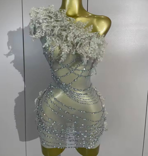 Women Sexy One Shoulder Sleeveless Rhinestone Dress