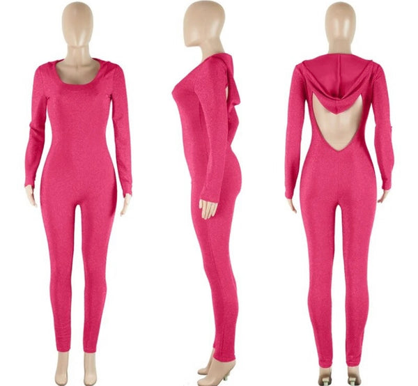 Women Sexy Full Sleeve Solid Color Open Back Hooded Jumpsuit