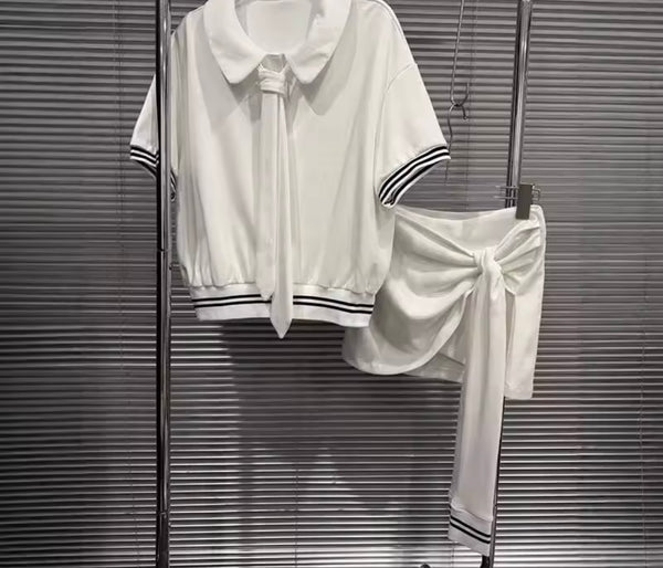 Women Collar Tie Striped Short Sleeve Two Piece Skirt Set