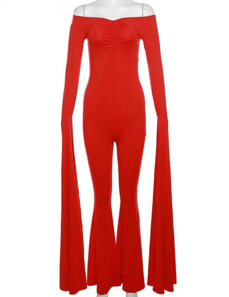 Women Sexy Red Full Sleeve Batwing Off The Shoulder Jumpsuit