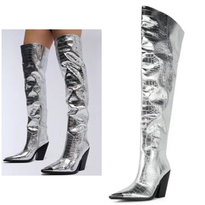 Women Fashion Silver Over The Knee Western Boots