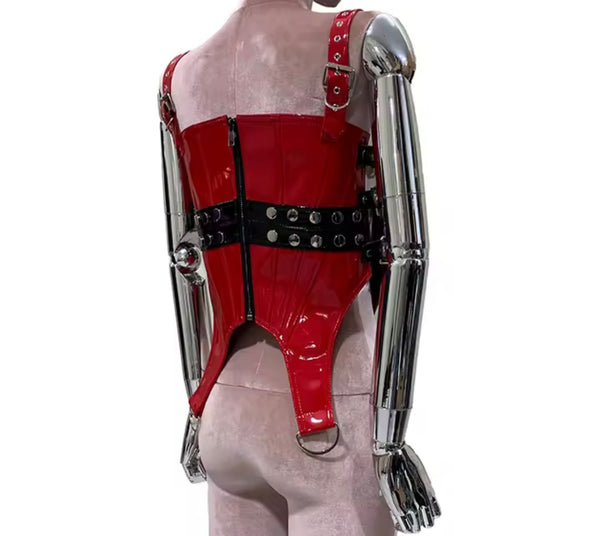 Women Red Sleeveless Fashion PU Leather Buckled Top