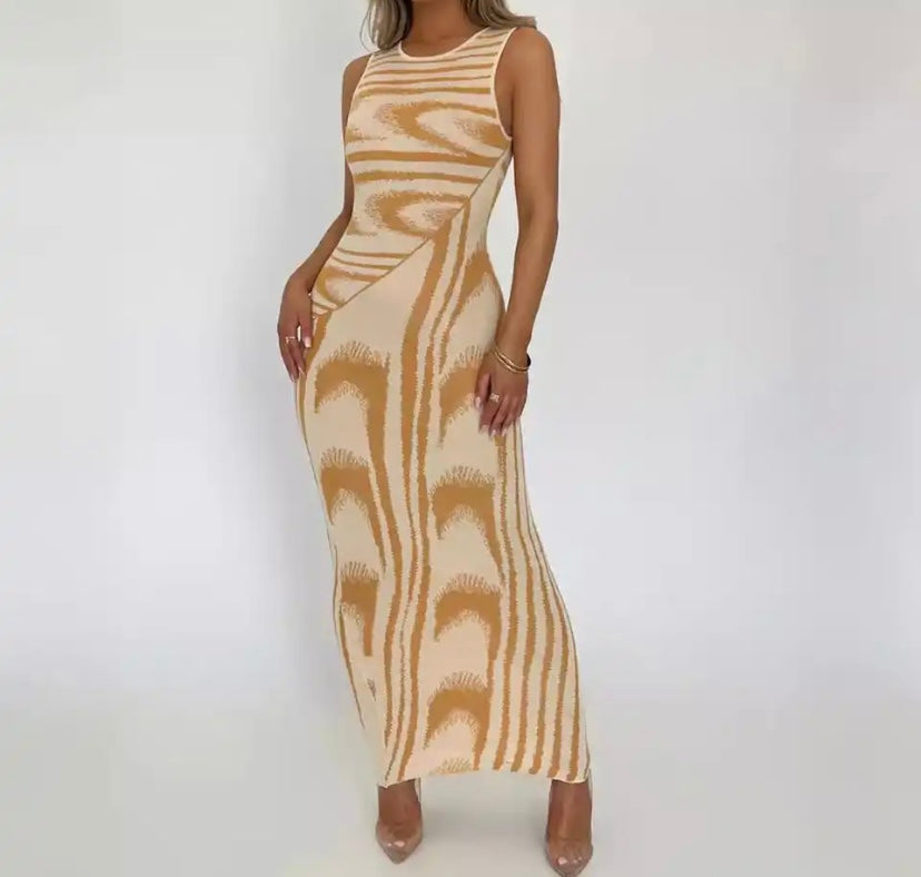 Women Sexy Sleeveless Color Patchwork Printed Maxi Dress