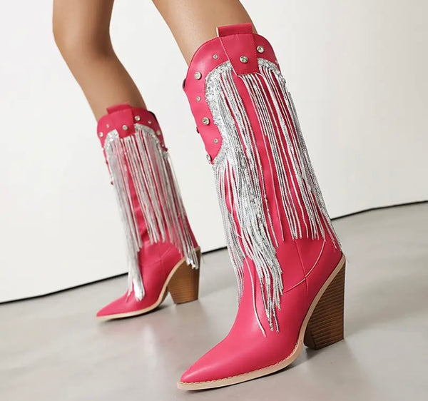 Women Fashion Bling Tassel Western Boots