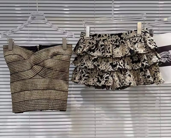 Women Sexy Strapless Gold Printed Ruffled Two Piece Skirt Set