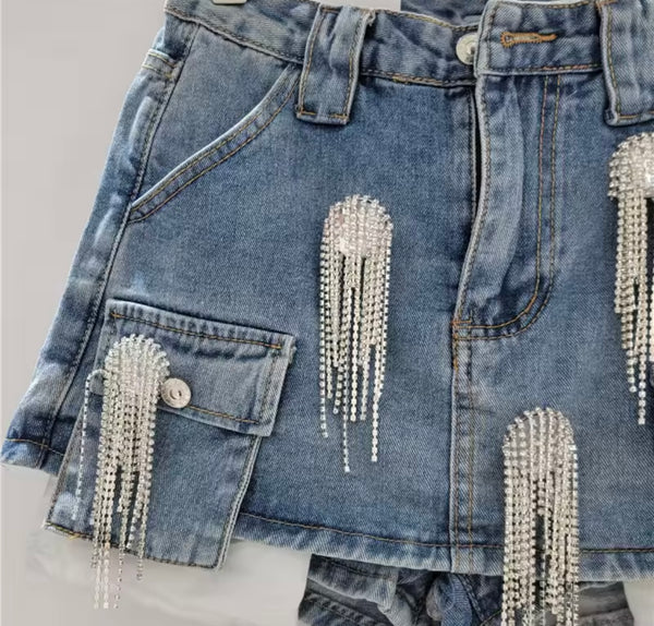 Women Fashion Rhinestone Tassel Denim Jacket Two Piece Skirt Set