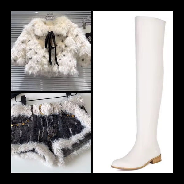 Women Fashion Polka Dot Tie Up Faux Fur Crop Jacket