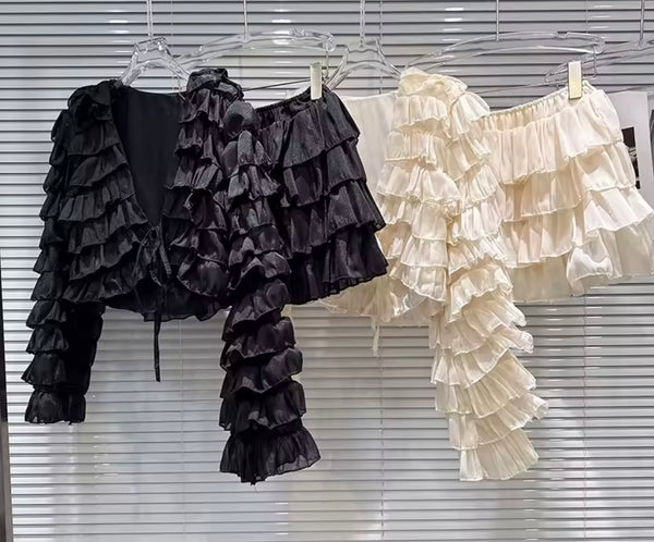 Women Sexy Ruffled Full Sleeve Two Piece Skirt Set