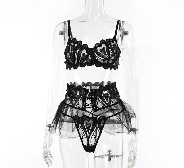 Women Sexy Black Heart Mesh Lingerie Set