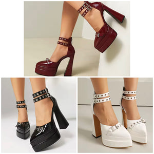 Women Pointed Toe Platform Patent Leather Ankle Strap High Heels