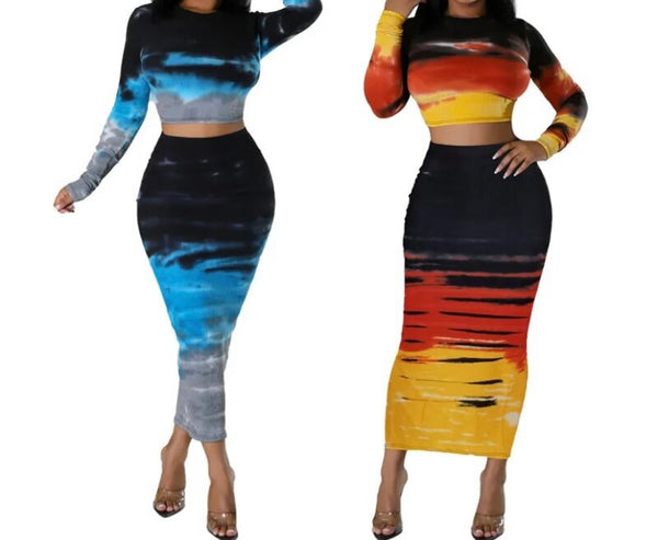 Women Sexy Color Patchwork Full Sleeve Crop Two Piece Maxi Skirt Set