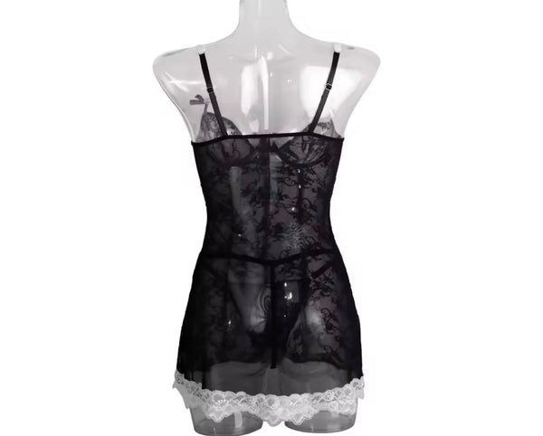 Women Sexy Sleeveless B&W Lace Mesh Nightgown Lingerie Set