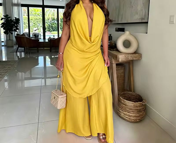 Women Sexy Halter Draped Sleeveless Two Piece Pant Set