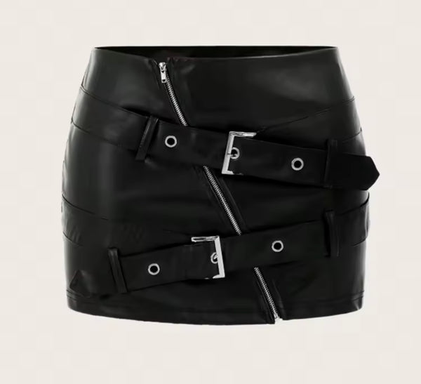 Women Sexy Fashion Faux Leather Zipper Buckled Skirt