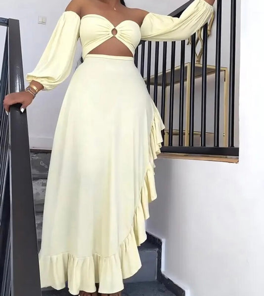 Women Sexy Off The Shoulder Cut Out Full Sleeve Open Back Maxi Dress