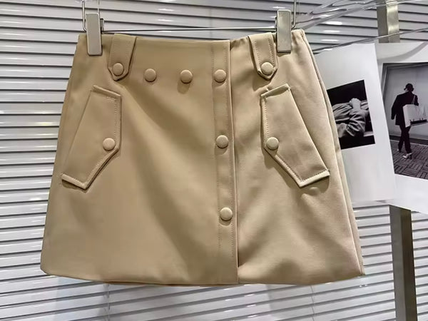 Women Fashion Khaki Button Up Two Piece Skirt Set