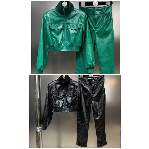 Women Zip Up Faux Leather Fashion Jacket Two Piece Pant Set