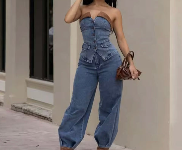 Women Button Up Strapless Brown PU Patchwork Denim Two Piece Pant Set