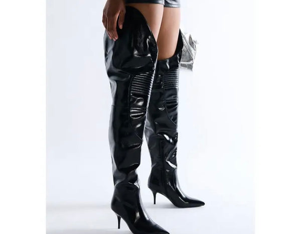 Women Fashion Black Faux Leather Over The Knee High Heel Boots