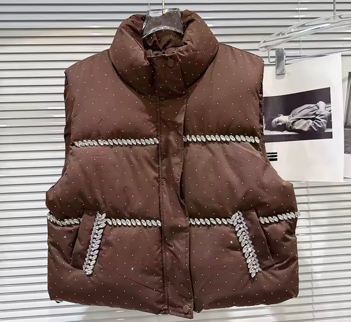 Women Fashion Color Rhinestone Puff Vest Jacket