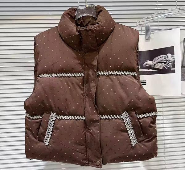 Women Fashion Color Rhinestone Puff Vest Jacket