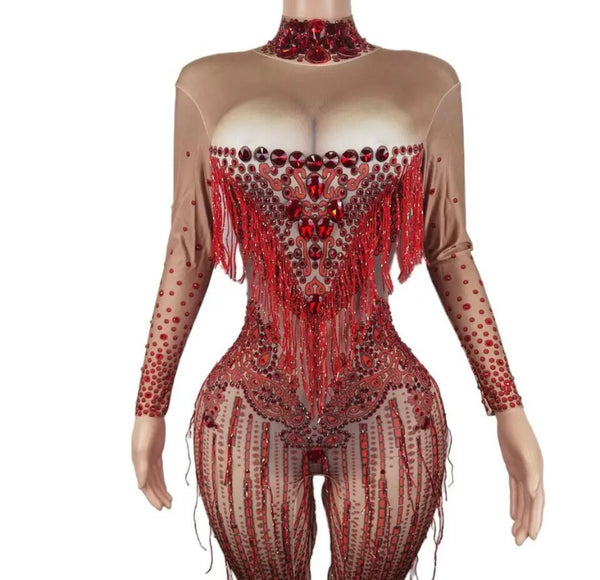 Women Sexy Bling Crystal Tassel Full Sleeve Jumpsuit