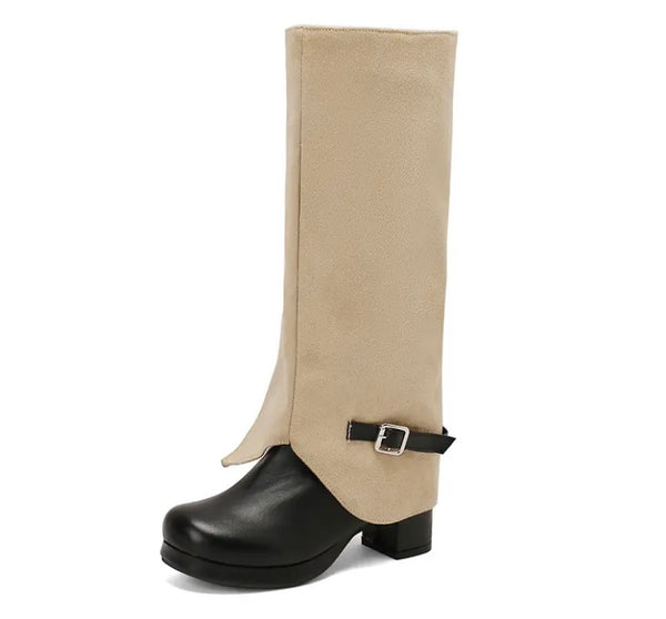 Women Fashion Denim Color Patchwork Buckled Platform Knee High Boots